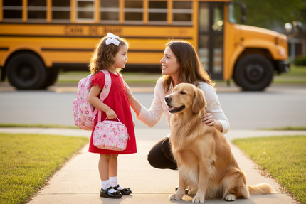 A little girl in a red smocked dress with a pink floral backpack and lunch bag listens to her mom's reassuring words on the sidewalk before her first day of school, as their golden retriever sits nearby and a yellow school bus waits in the background.