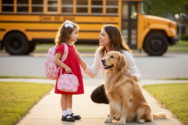 A little girl in a red smocked dress with a pink floral backpack and lunch bag listens to her mom's reassuring words on the sidewalk before her first day of school, as their golden retriever sits nearby and a yellow school bus waits in the background.
