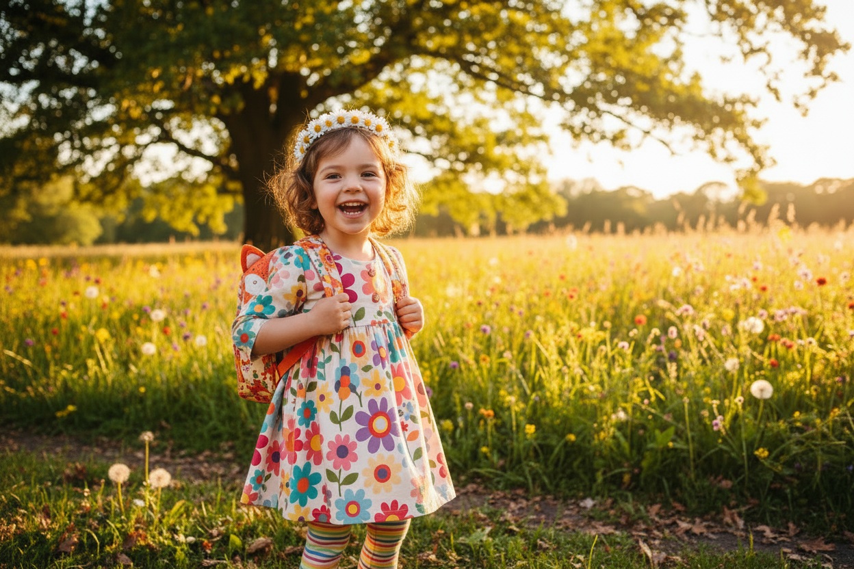 A little girl stands in the grass in a bright cherry colorful smocked dress with her backpack on, ready to head off to her first day of school — Little Janey Shop.