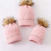 Pink cross cable knit pom pom beanie hat baby toddler adult