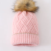 Pink cross cable knit pom pom beanie hat baby toddler adult