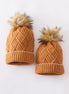 Camel cross cable knit pom pom beanie hat baby toddler adult