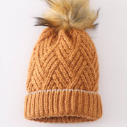 Camel cross cable knit pom pom beanie hat baby toddler adult