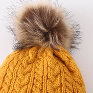 Mustard cable knit pom pom beanie hat baby toddler adult