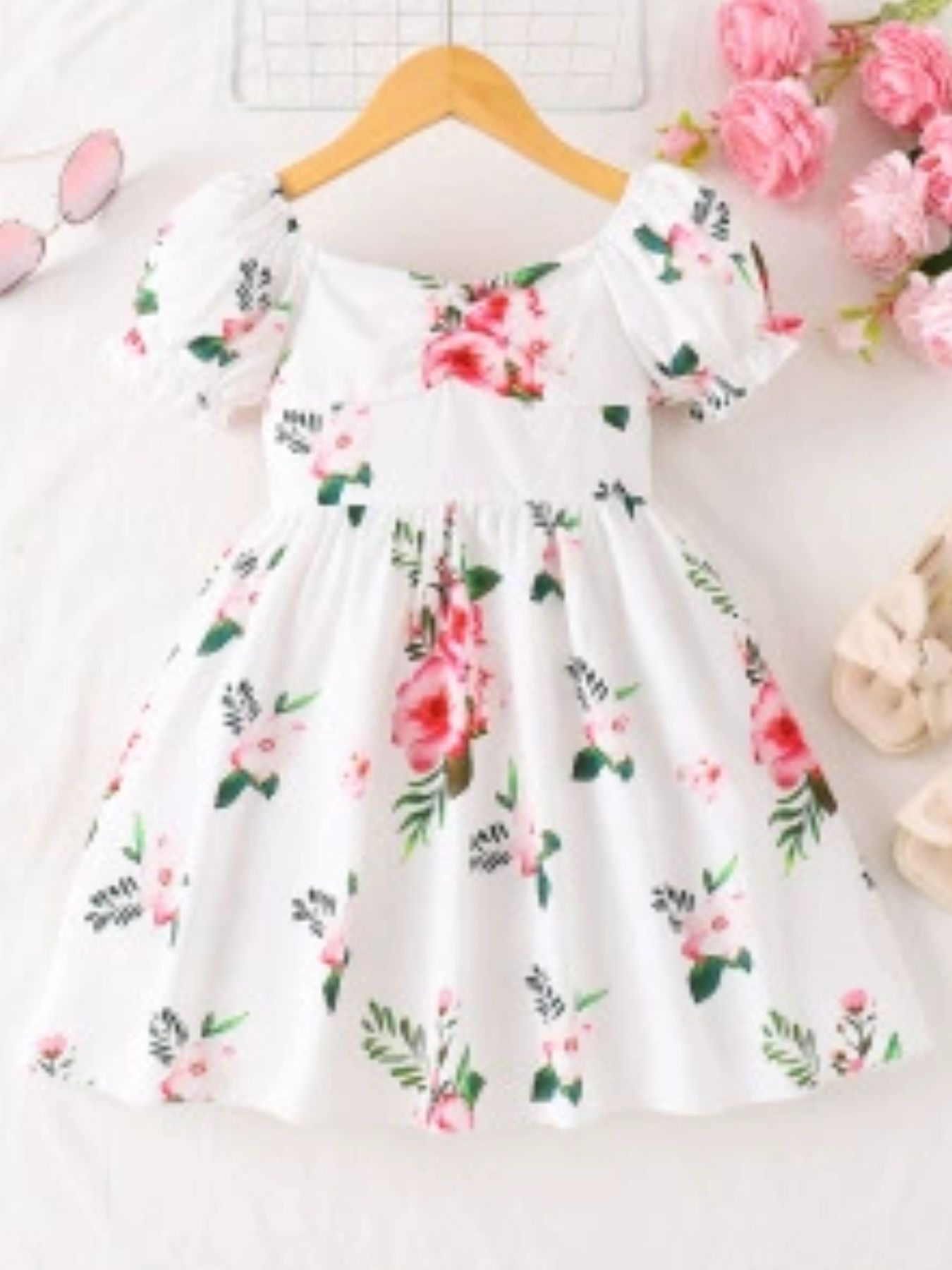 Girls' Garden Floral Puff Sleeve Dress - Little Janey Shop