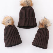 Brown knit pom pom beanie hat baby toddler adult