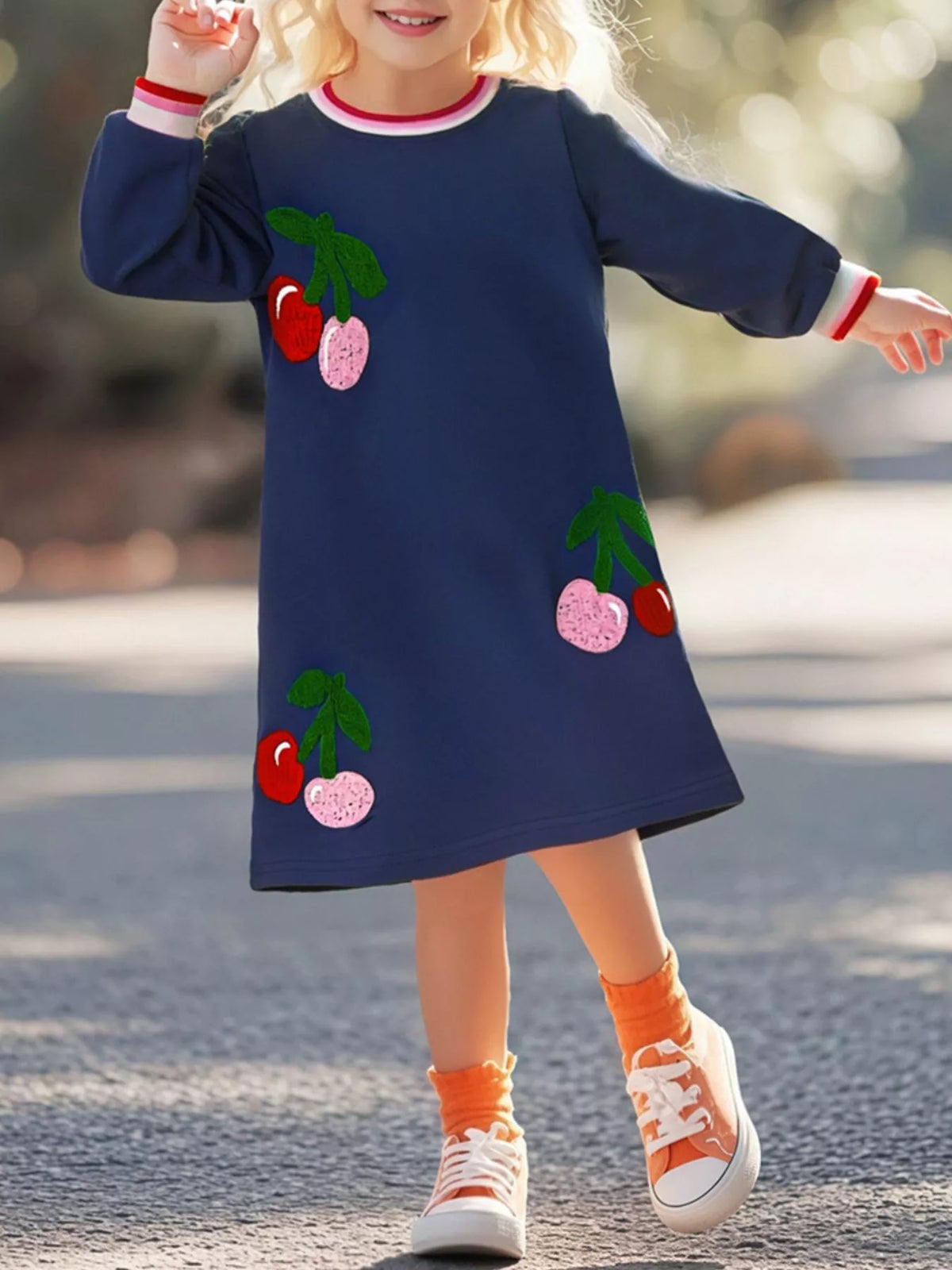 Children's Cherry Appliqued Long Sleeve Dress - Little Janey Shop