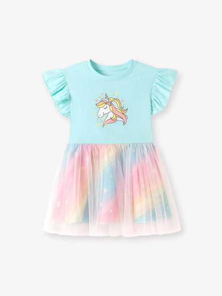 Children's Unicorn Graphic Rainbow Tulle Layered Dress - Little Janey Shop