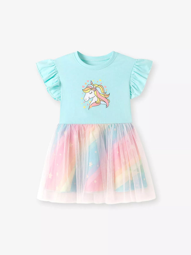 Children's Unicorn Graphic Rainbow Tulle Layered Dress - Little Janey Shop