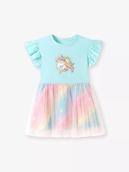 Children's Unicorn Graphic Rainbow Tulle Layered Dress - Little Janey Shop