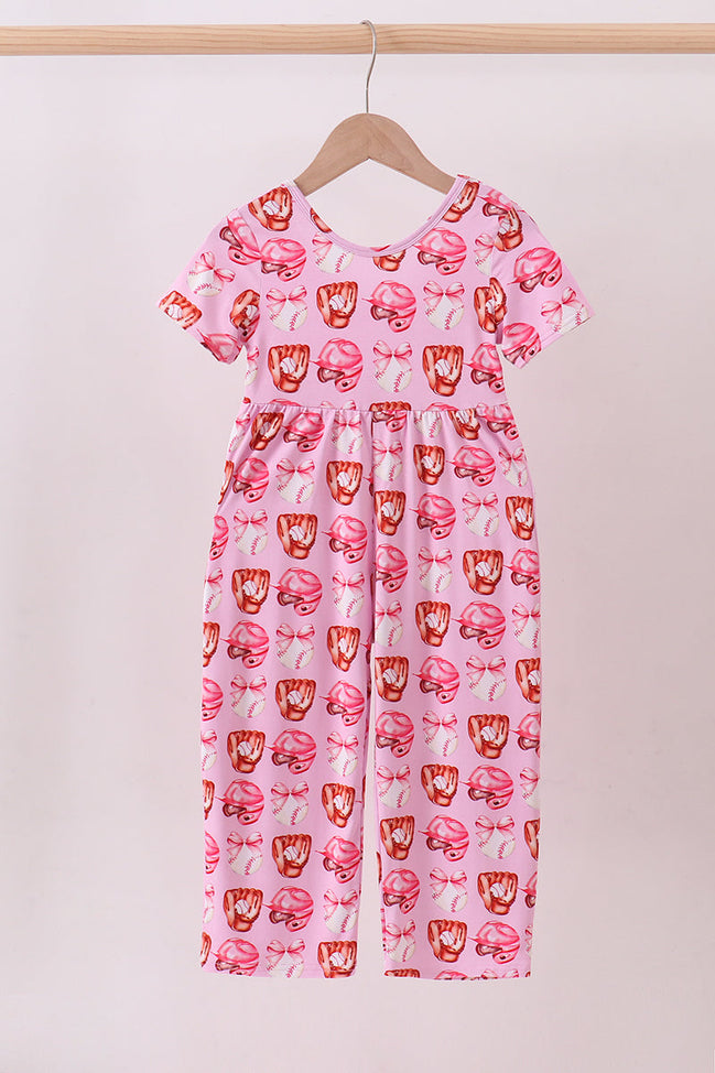 Pink bow baseball bamboo jumpsuit