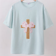 Blue bowknot cross applique top