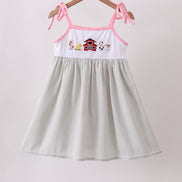 Pink seersucker farm animals embroidery ruffle dress