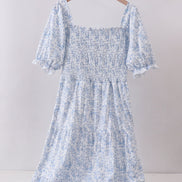 Navy smocked floral puff sleeve dress