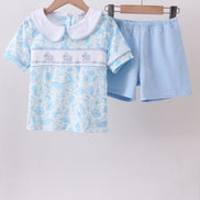 Blue bunny smocked peter pan collar shorts set