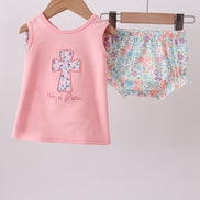 Pink floral cross embroidery ruffle bloomer set