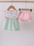 Green swiss dot cross sheep ruffle bloomer set