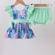 Blue marine creature print ruffle bloomer set