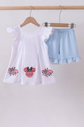 Girls' Blue Gingham Fireworks Embroidery Ruffle Shorts Set – Matching Bow, 2 - Piece | 12M–7Y - Little Janey Shop