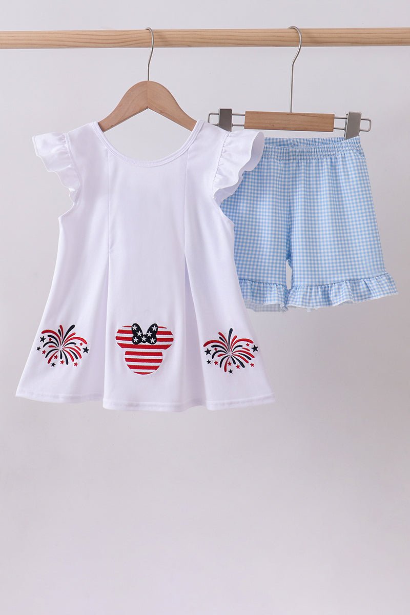 Girls' Blue Gingham Fireworks Embroidery Ruffle Shorts Set – Matching Bow, 2 - Piece | 12M–7Y - Little Janey Shop