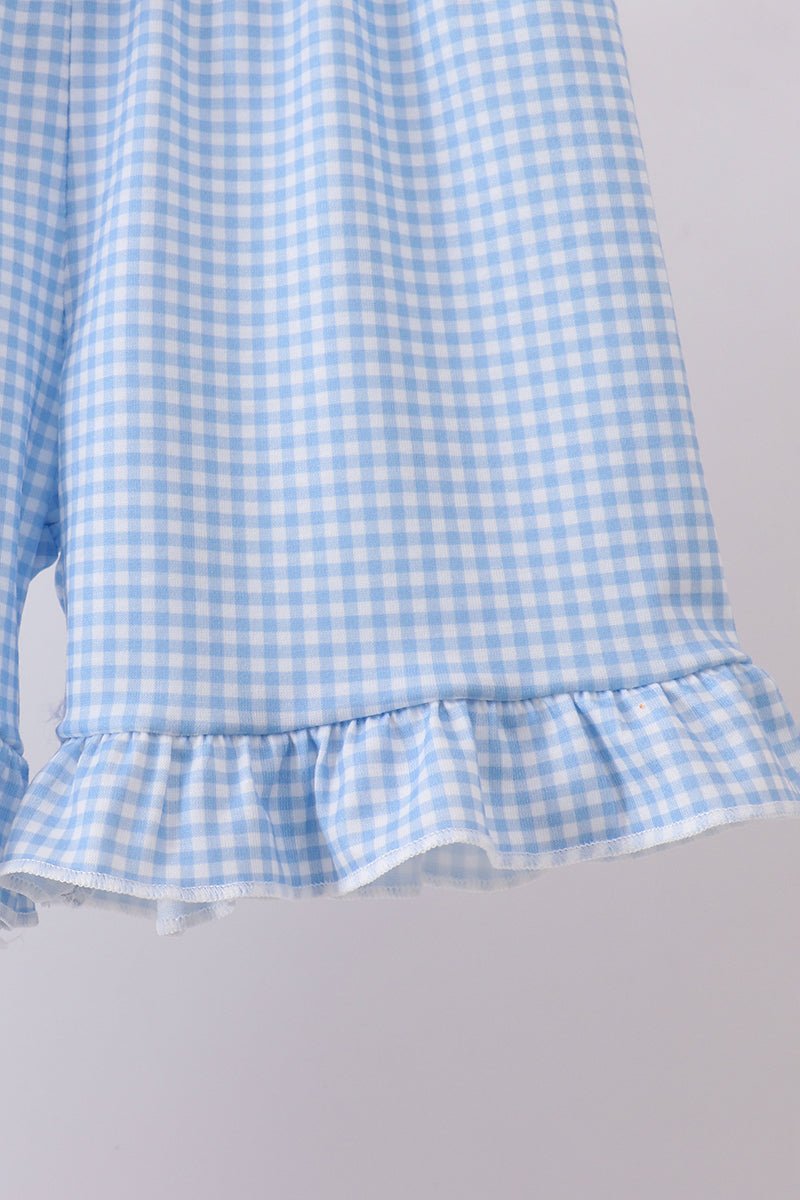 Girls' Blue Gingham Fireworks Embroidery Ruffle Shorts Set – Matching Bow, 2 - Piece | 12M–7Y - Little Janey Shop