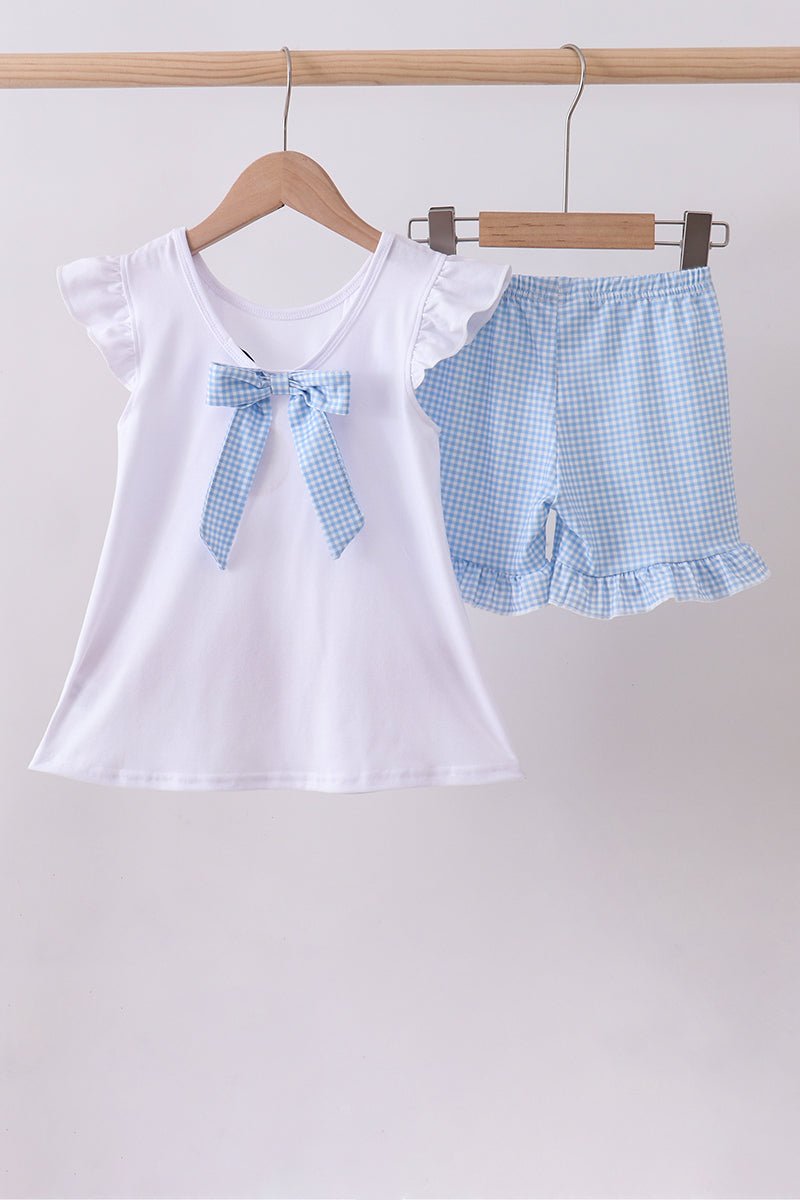 Girls' Blue Gingham Fireworks Embroidery Ruffle Shorts Set – Matching Bow, 2 - Piece | 12M–7Y - Little Janey Shop