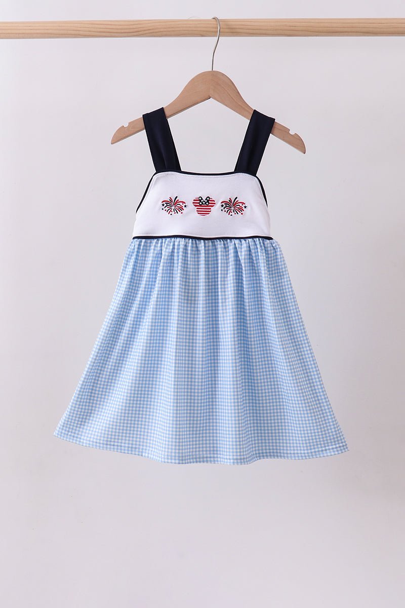 Girls' Navy Blue Gingham Patriotic Dress – Fireworks & American Flag Embroidery, Tie - Back | Toddler & Kids 2T–7Y - Little Janey Shop