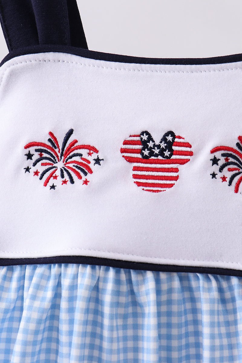 Girls' Navy Blue Gingham Patriotic Dress – Fireworks & American Flag Embroidery, Tie - Back | Toddler & Kids 2T–7Y - Little Janey Shop