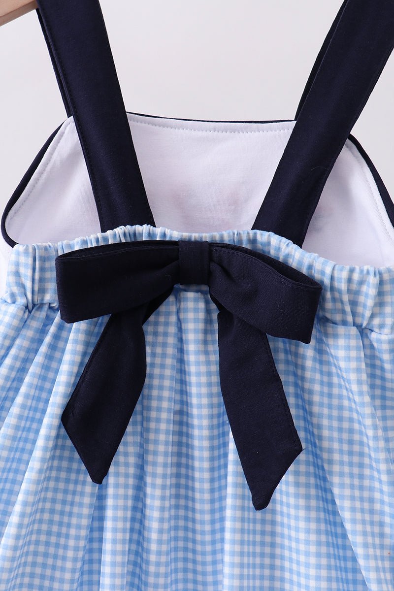 Girls' Navy Blue Gingham Patriotic Dress – Fireworks & American Flag Embroidery, Tie - Back | Toddler & Kids 2T–7Y - Little Janey Shop