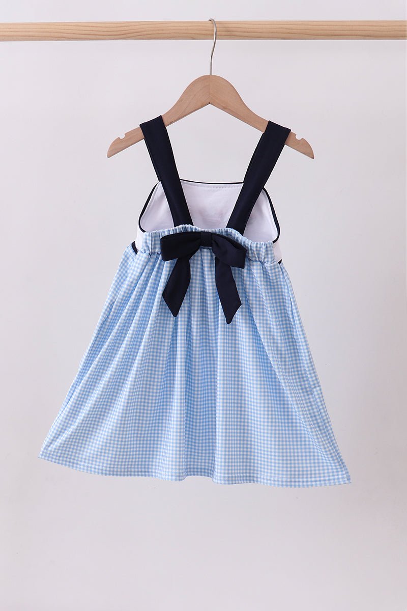 Girls' Navy Blue Gingham Patriotic Dress – Fireworks & American Flag Embroidery, Tie - Back | Toddler & Kids 2T–7Y - Little Janey Shop