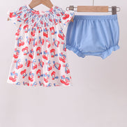 Blue cherry smocked bloomer set