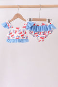 Girls' Blue Cherry Print Ruffle 2 - Piece Swimsuit – UPF 50+ | 12M–7Y - Little Janey Shop