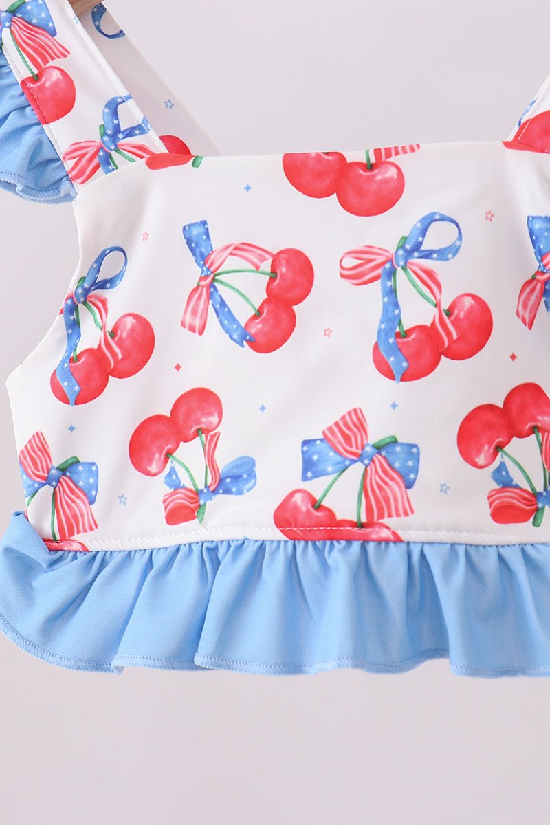 Girls' Blue Cherry Print Ruffle 2 - Piece Swimsuit – UPF 50+ | 12M–7Y - Little Janey Shop