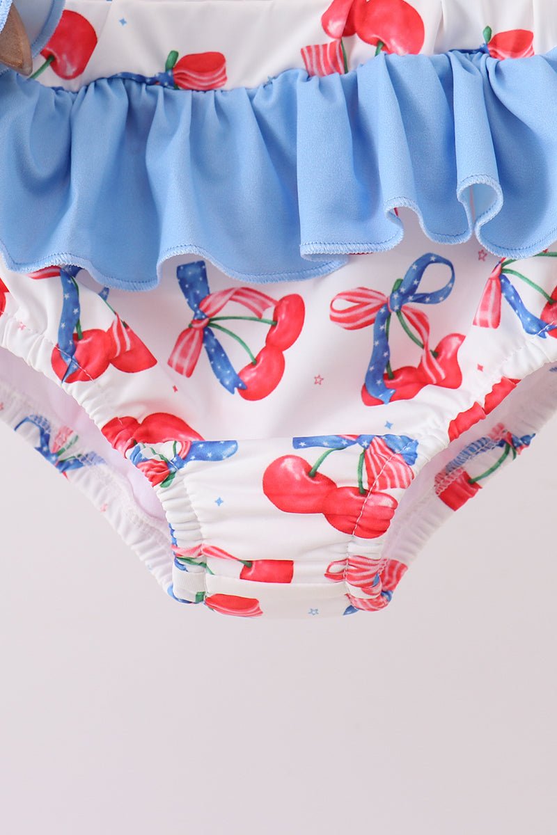 Girls' Blue Cherry Print Ruffle 2 - Piece Swimsuit – UPF 50+ | 12M–7Y - Little Janey Shop