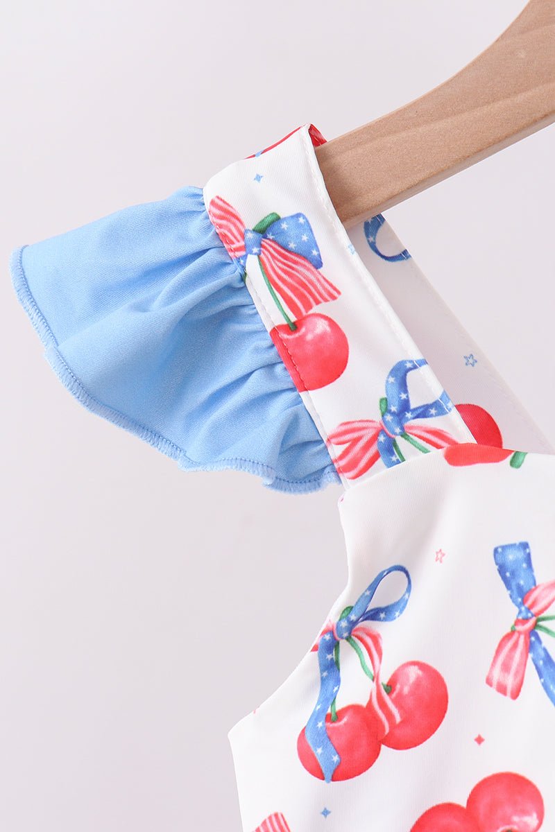 Girls' Blue Cherry Print Ruffle 2 - Piece Swimsuit – UPF 50+ | 12M–7Y - Little Janey Shop