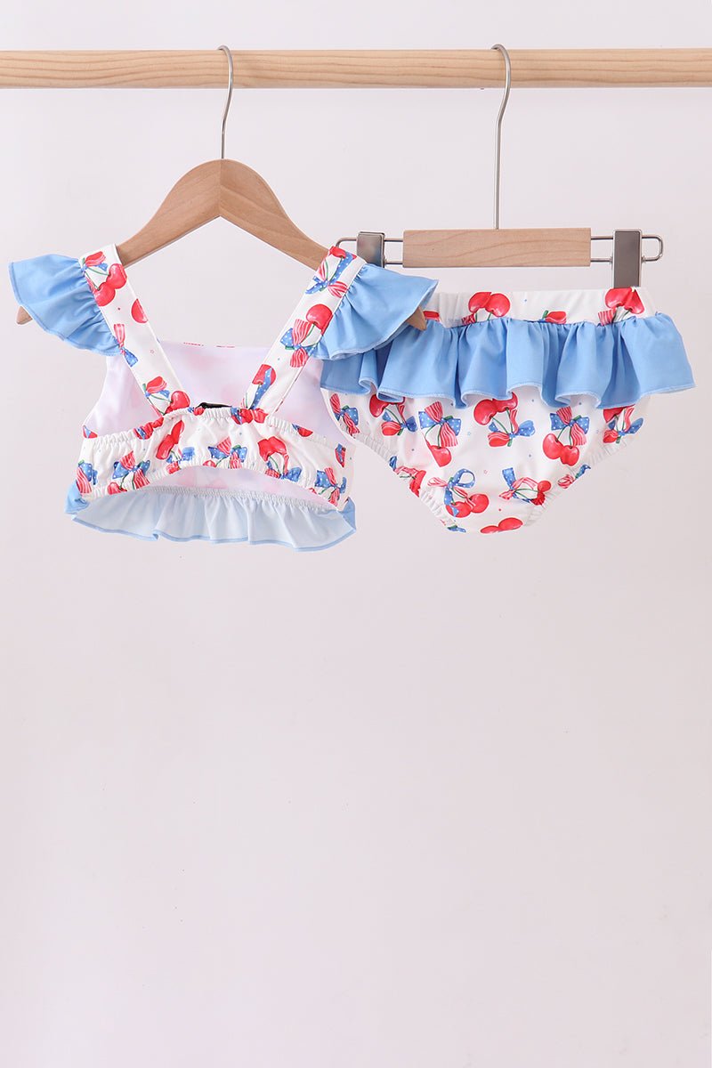Girls' Blue Cherry Print Ruffle 2 - Piece Swimsuit – UPF 50+ | 12M–7Y - Little Janey Shop