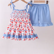 Blue cherry smocked ruffle shorts set