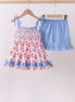 Blue cherry smocked ruffle shorts set