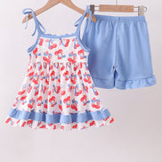 Blue cherry smocked ruffle shorts set
