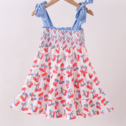 Blue cherry smocked tiered mom&me dress