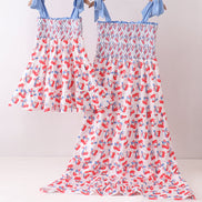 Blue cherry smocked tiered mom&me dress
