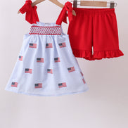 Blue flag embroidery seersucker ruffle shorts set