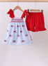 Blue flag embroidery seersucker ruffle shorts set