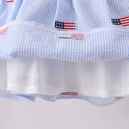 Blue flag embroidery seersucker ruffle shorts set