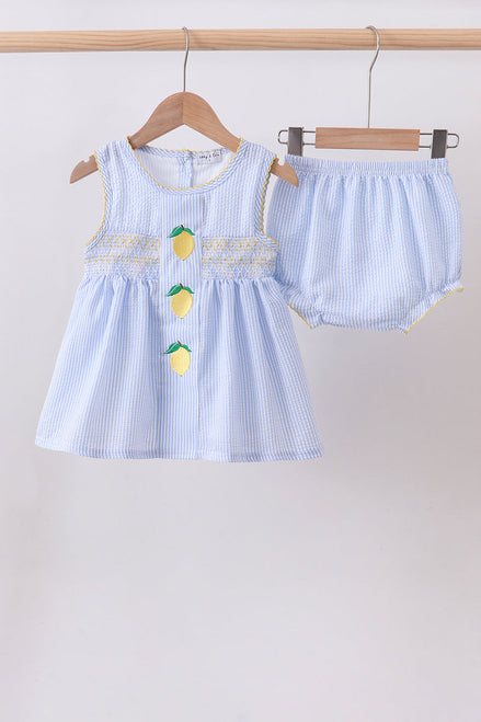Blue lemon embroidery seersucker bloomer set