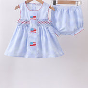 Blue flag smocked woven gingham bloomer set