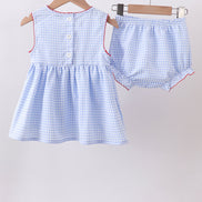 Blue flag smocked woven gingham bloomer set