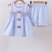 Blue flag smocked woven gingham ruffle shorts set
