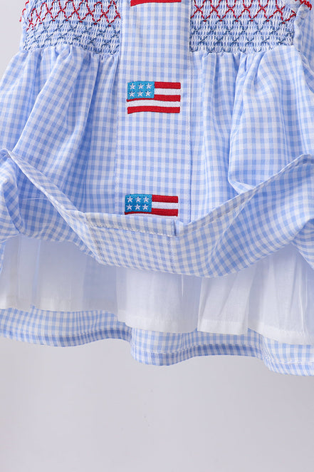 Blue flag smocked woven gingham ruffle shorts set