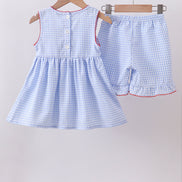 Blue flag smocked woven gingham ruffle shorts set